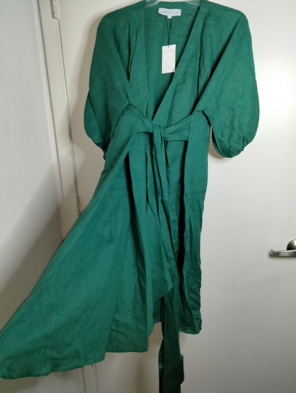 Angel Maternity (Sz XL) Green Linen Puff Sleeves Tie Wrap Midi Dress (NEW-NWT)